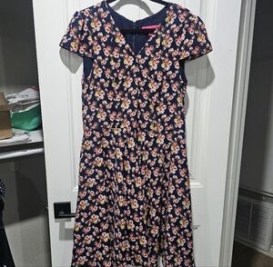 Vintage BETSEY JOHNSON Fit & Flare Dress BLUE/PINK/WHITE Floral GEORGETTE sz 14